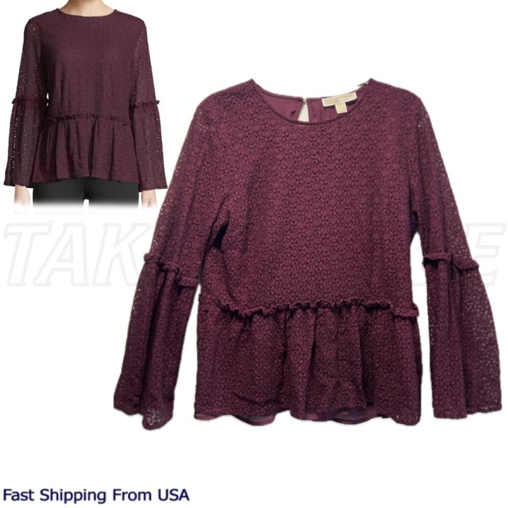 MICHAEL KORS Aubergine Purple Lace Bell Sleeve Peplum Hem Top LARGE